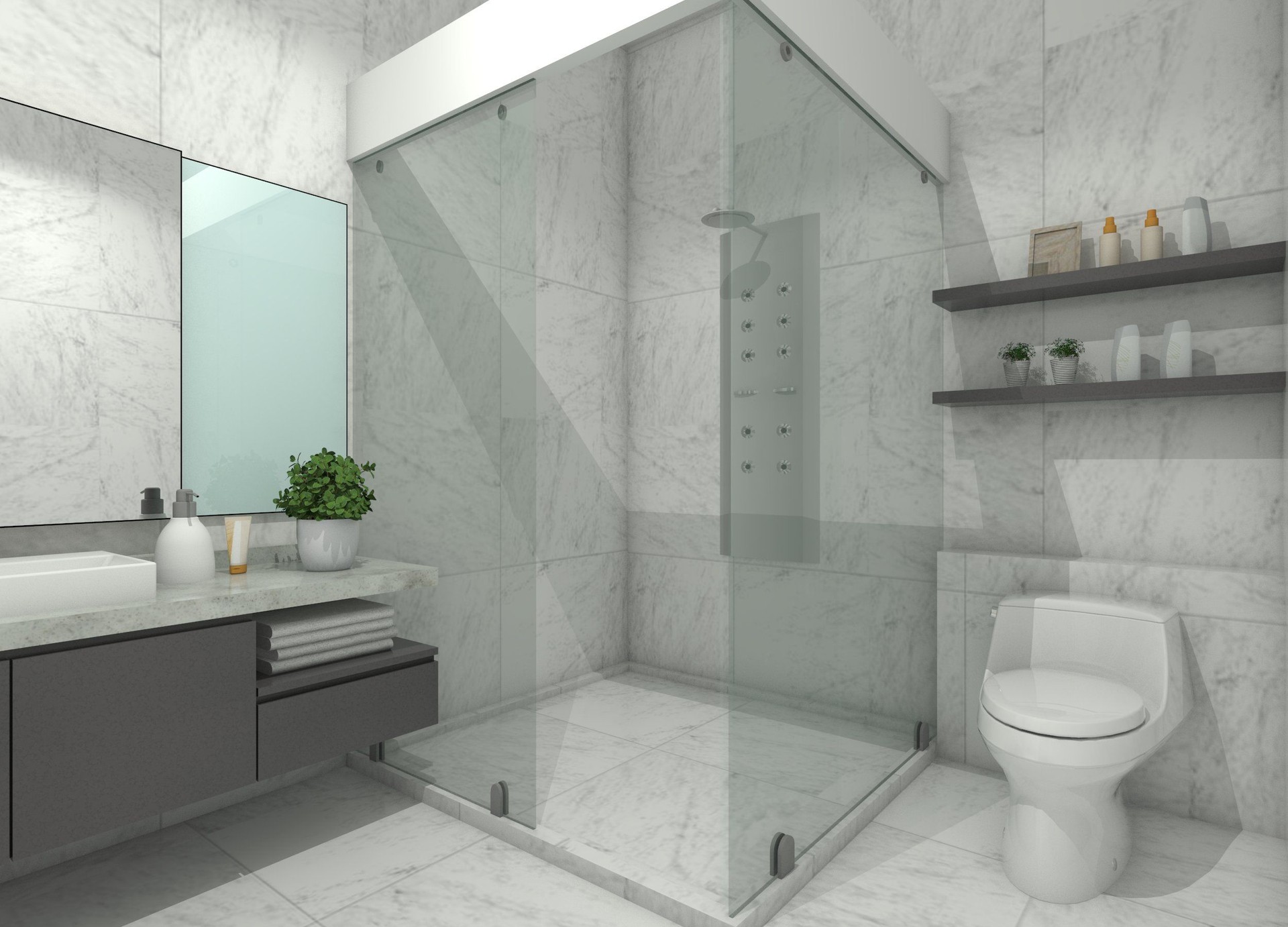 Modern 3D bathroom interior design with sink cabinets and storage.